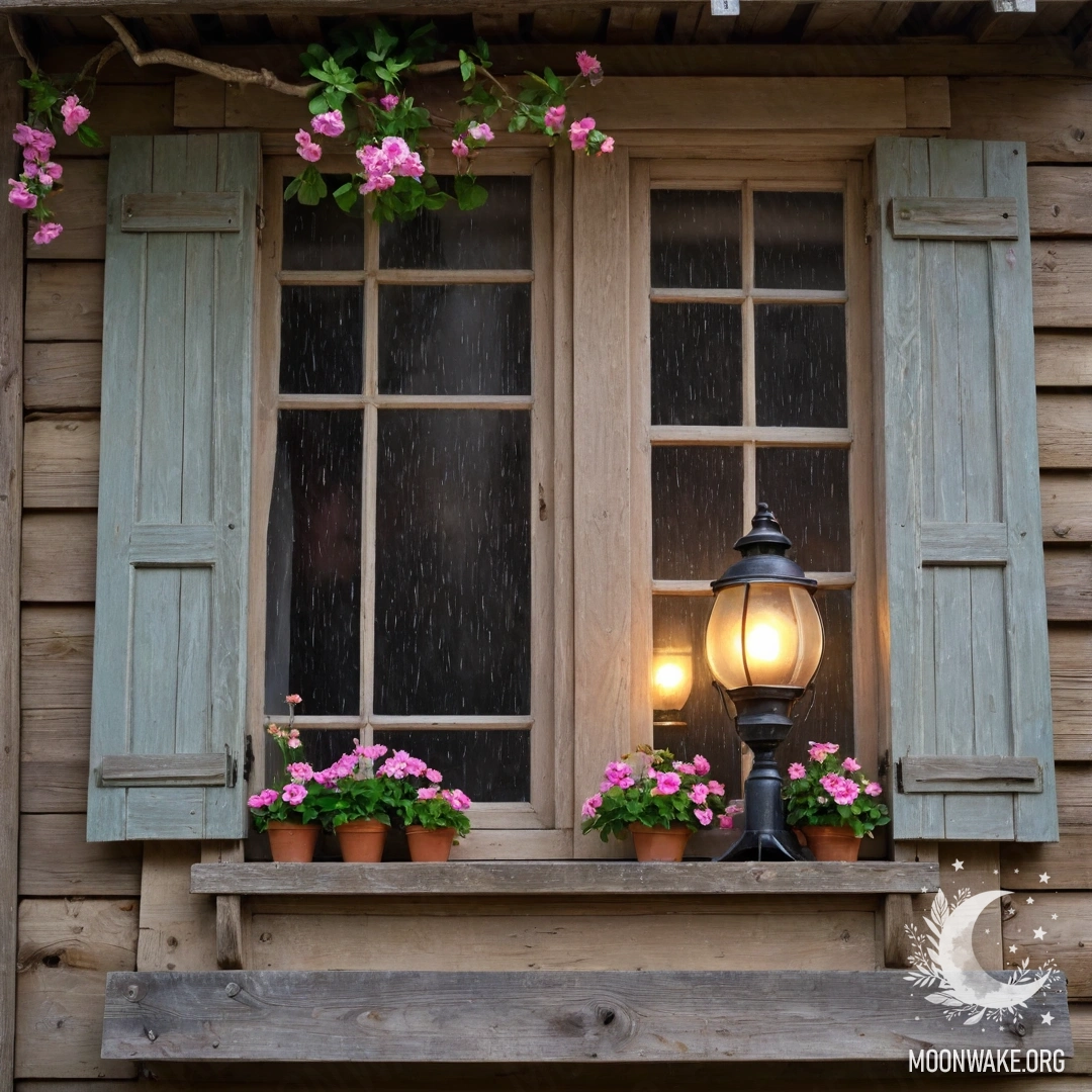A shabby wooden window with shutters, pink flowers, and a kerosene lamp above it, in the rain.