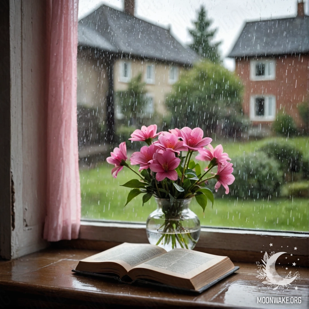 A wooden windowsill with a shabby book, a gray vase with pink flowers, and a pink curtain, all under the rain.