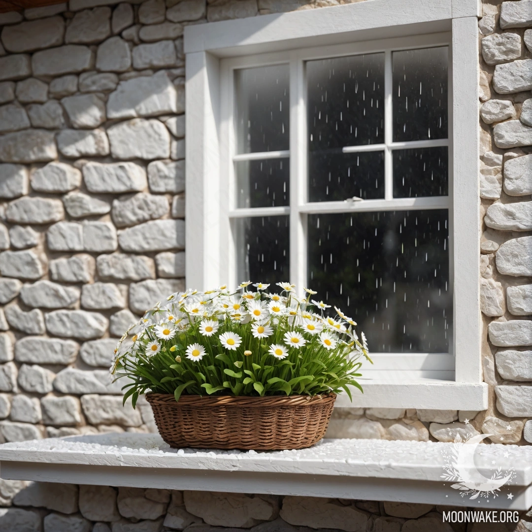 A charming scene of an open window with a basket of daisies on the sill, rain falling outside.