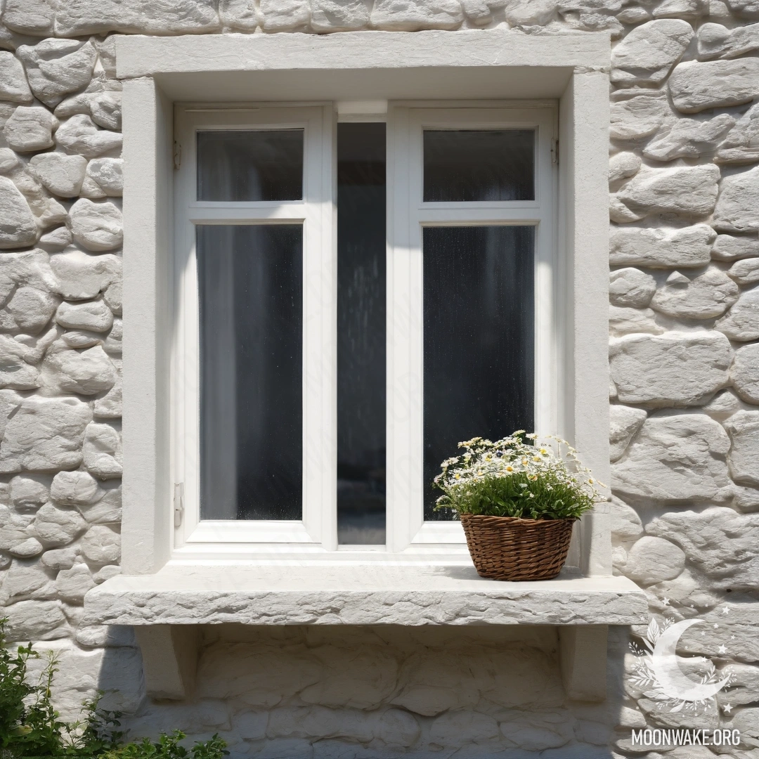 A realistic depiction of a white stone wall with an open window and a basket of daisies on the windowsill under the rain.