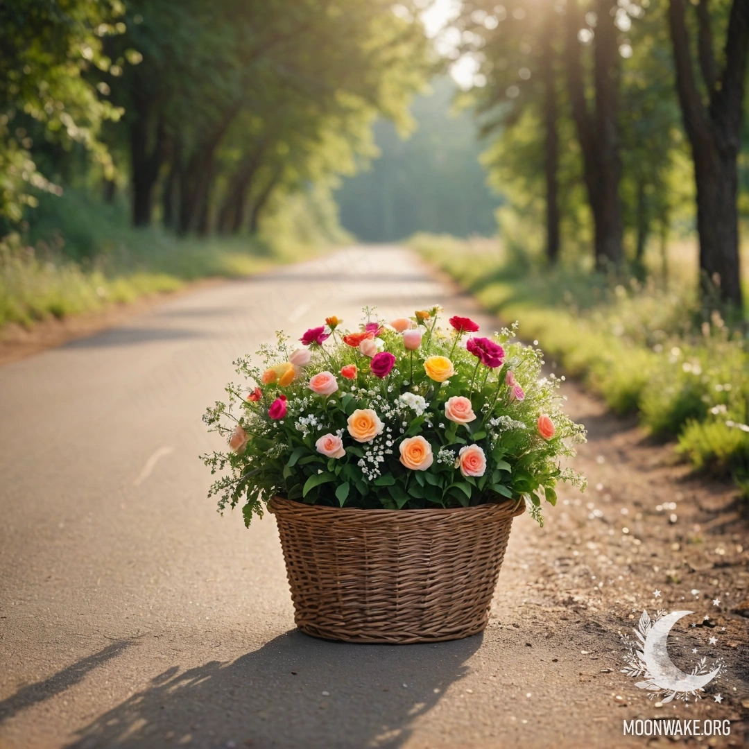 A basket of flowers rests on a dirt road, framed by softly lit trees.