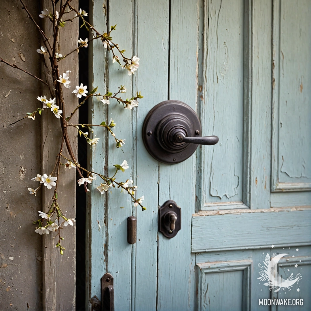 A shabby door adorned with twigs and flowers on the handle.
