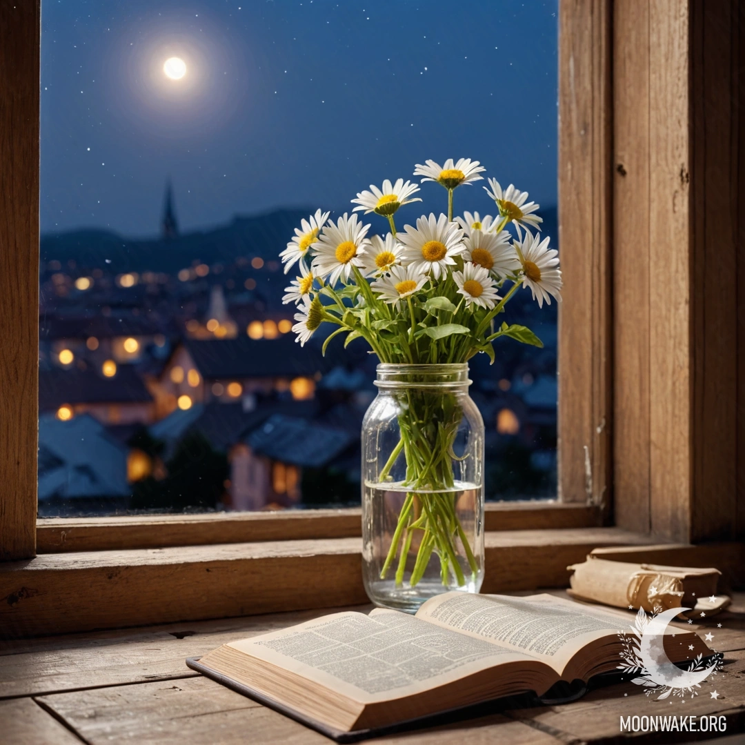 A photorealistic view of a shabby wooden table with a jar of flowers and a softly glowing light garland in the background.