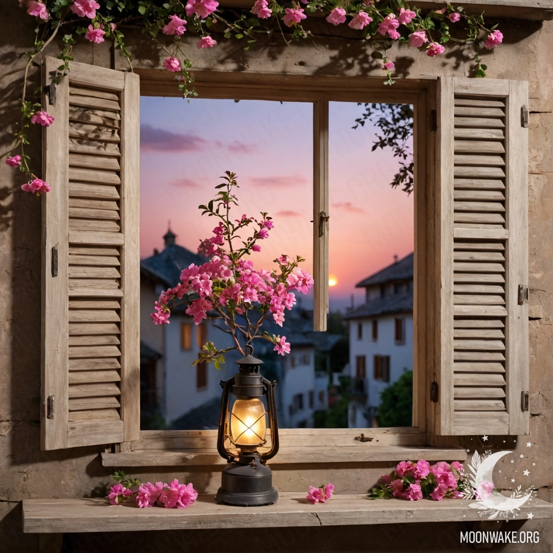 Charming Rustic Window at Sunset A shabby wooden window with shutters adorned with pink flowers, illuminated by a hanging kerosene lamp during sunset.