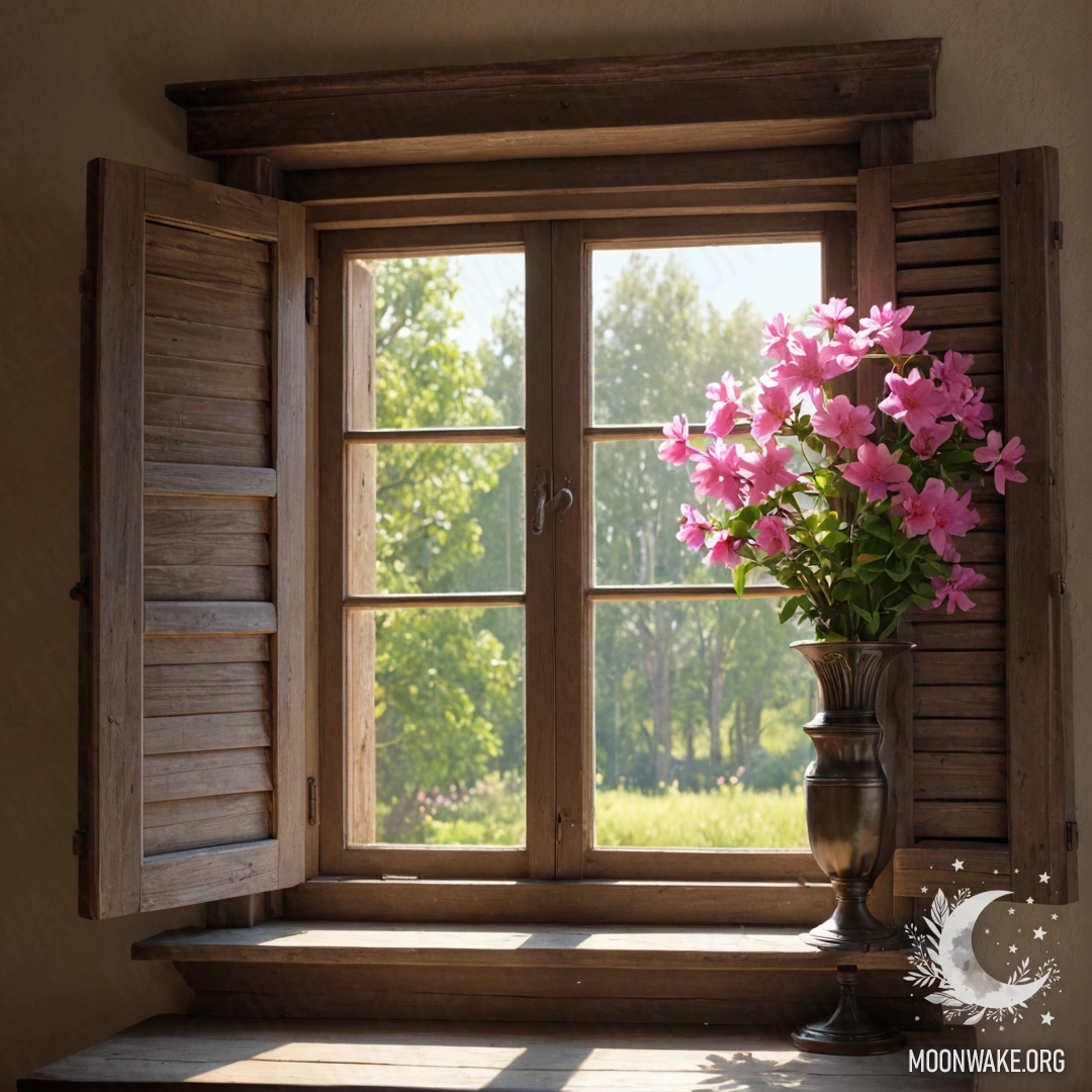 A shabby wooden window with shutters and a kerosene lamp above it, adorned with pink flower branches and sun rays.