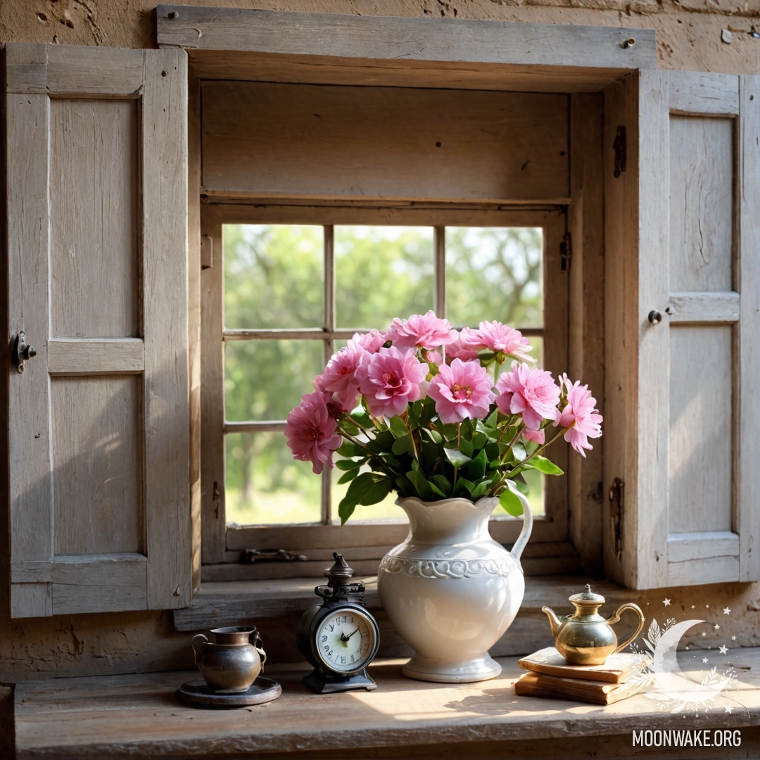 A shabby wooden window with pink flowers, illuminated by a lamp.
