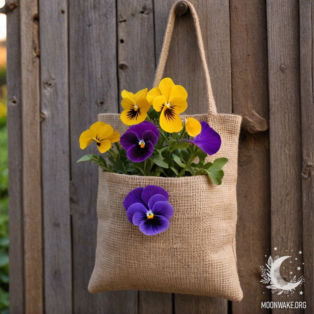 A small burlap bag with pansies hanging on a shabby wooden wall.