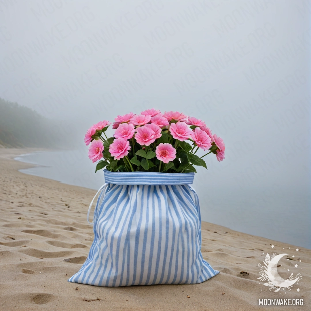 A white and blue striped bag filled with pink flowers on a sandy beach under a sunny sky with a blue sea background.