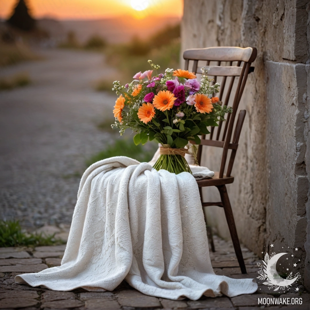 Charming Setting with Flowers and Blanket A cozy chair with a blanket and a bouquet of flowers against a shabby wall during sunset.