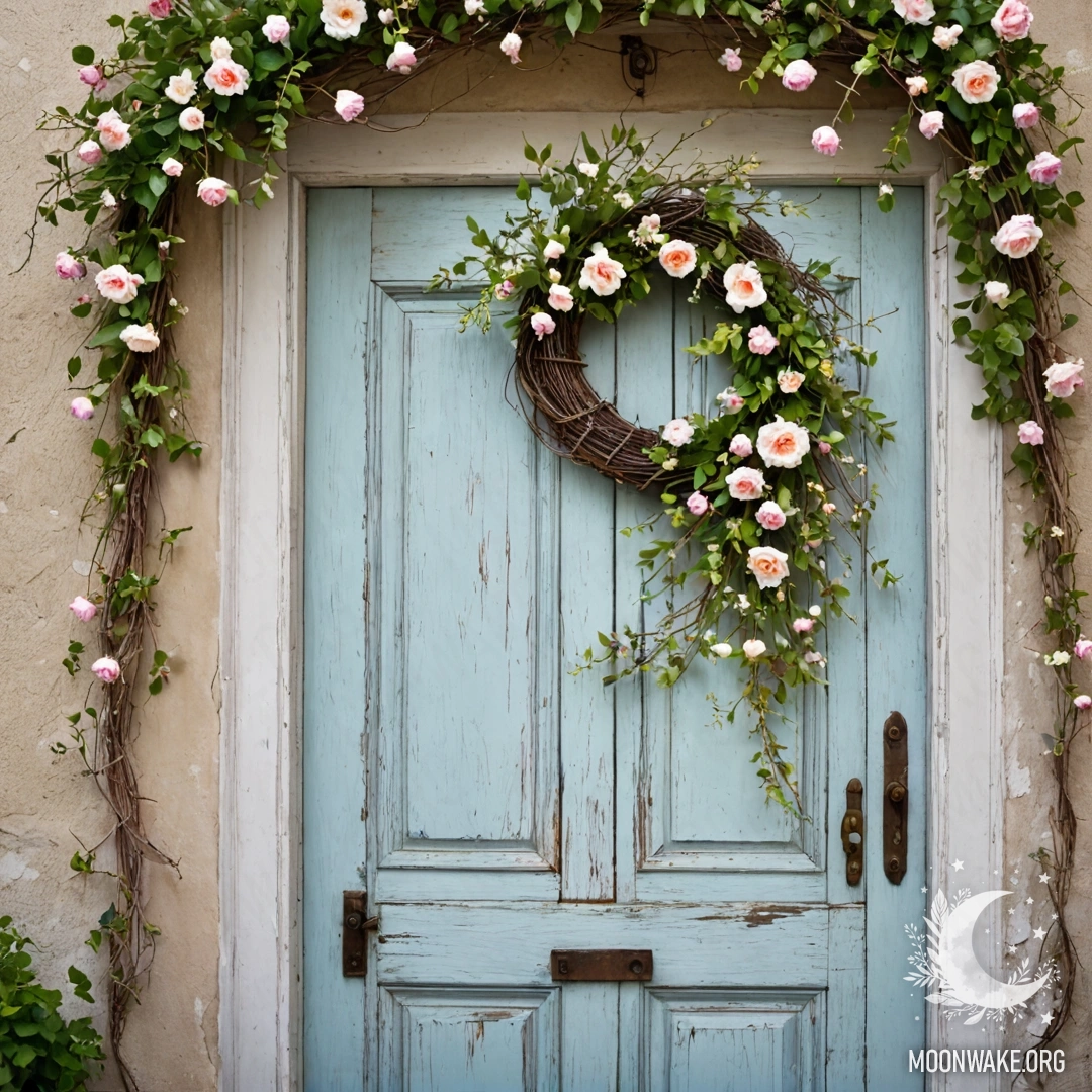 A shabby door adorned with twigs and flowers on the handle.