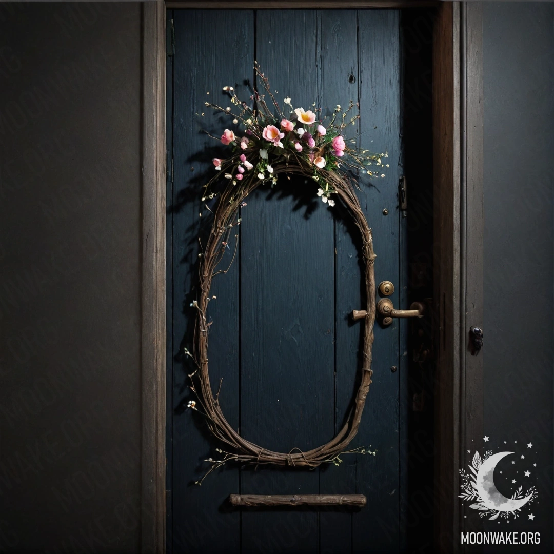 A shabby door adorned with twigs and flowers, glowing softly at night.