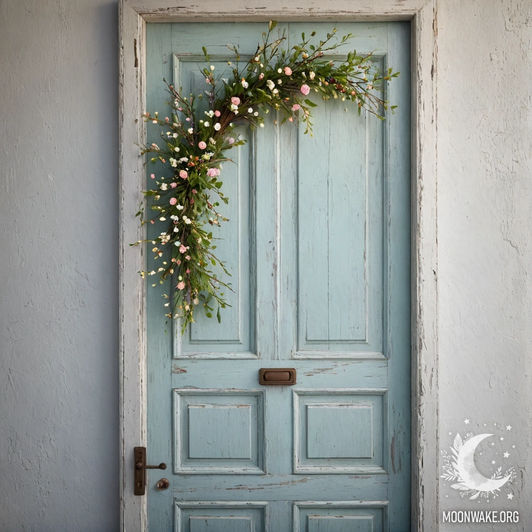 A shabby door adorned with twigs and flowers on the handle, illuminated by soft garland light.