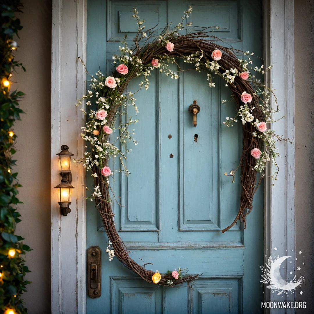 Charming Shabby Door with Floral Twigs A shabby door adorned with twigs and flowers on the handle, illuminated by a garland light.