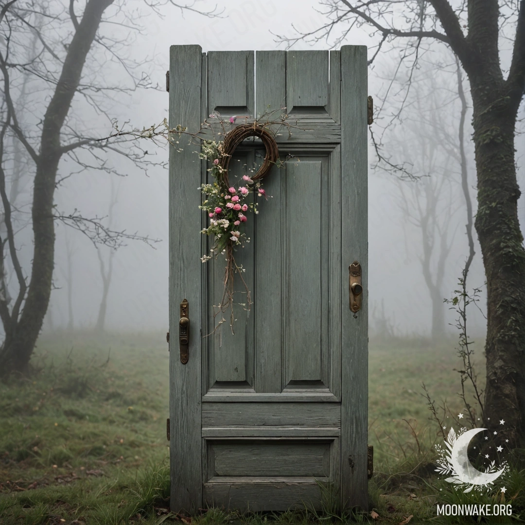 Charming Shabby Door in Mist A shabby door adorned with twigs and flowers on the handle, surrounded by dense fog.