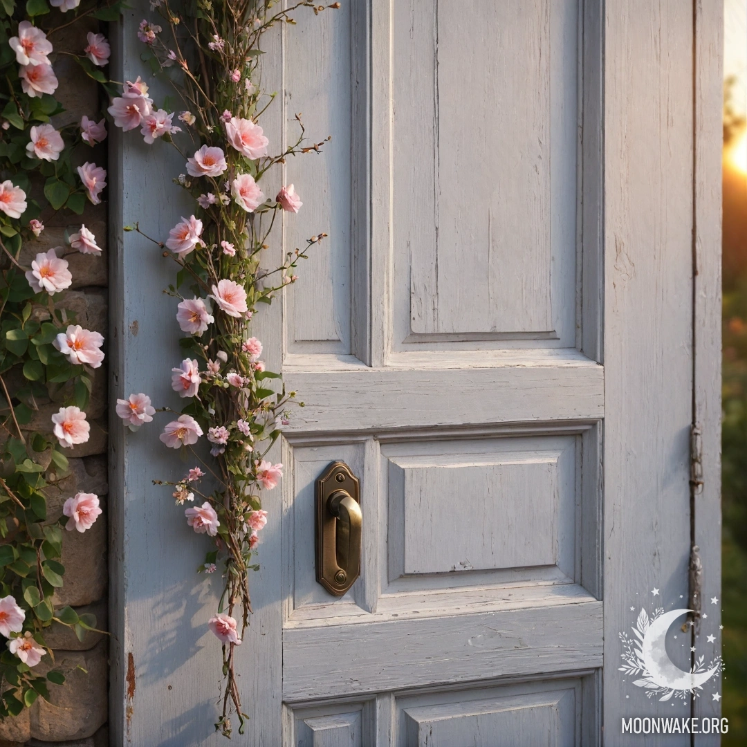 Charming Shabby Door at Sunset A shabby door adorned with twigs and flowers at sunset.