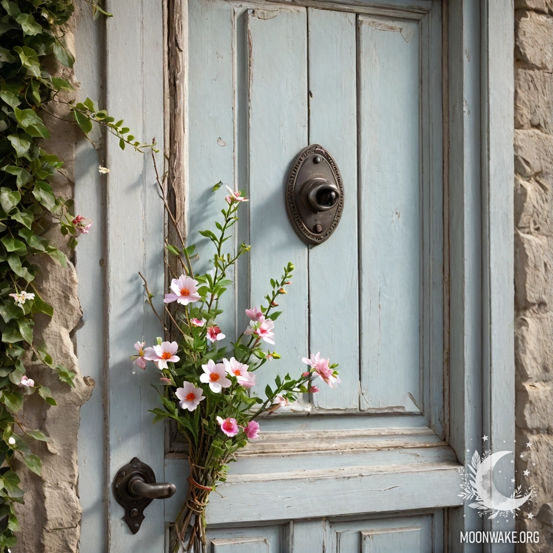 A shabby door adorned with twigs and flowers on the handle.