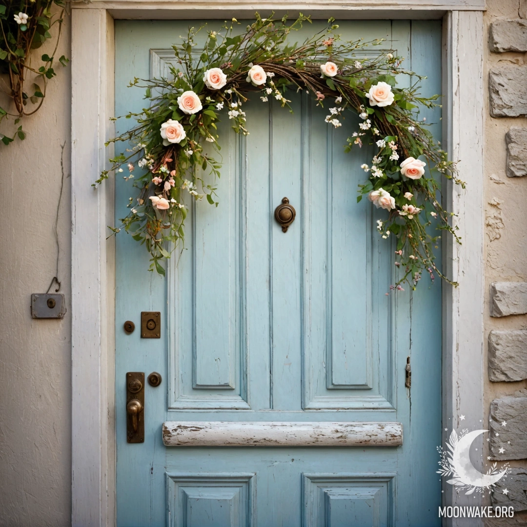 A charming shabby door adorned with twigs and flowers on the handle, illuminated by a garland light.
