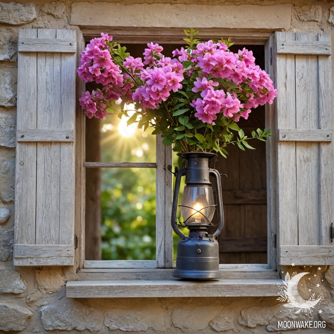 A shabby door adorned with twigs and flowers on the handle, illuminated by sun rays.