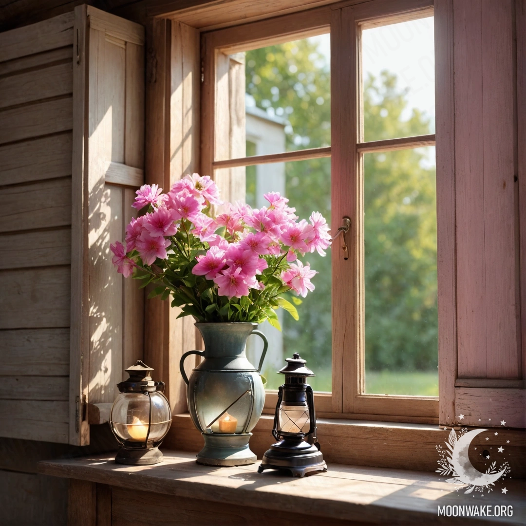 Charming Shabby Door with Blossoms A shabby door adorned with twigs and flowers on the handle, illuminated by sun rays.
