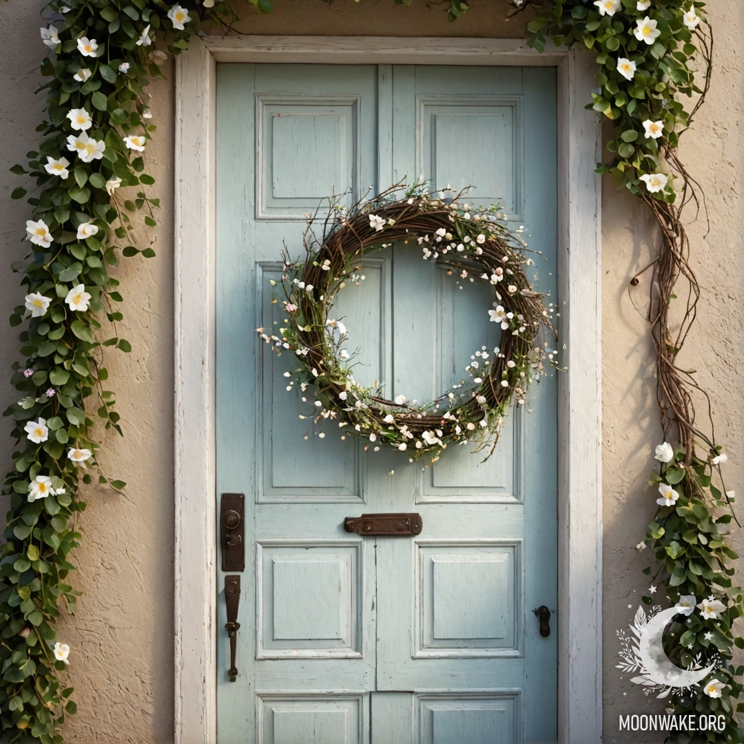 A shabby door adorned with twigs and flowers on the handle, glowing with garland light.