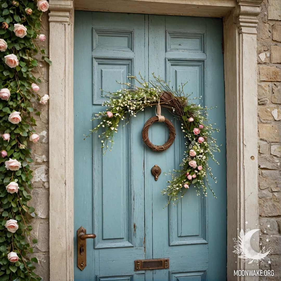 A shabby door adorned with twigs and flowers on the handle, illuminated by garland lights.