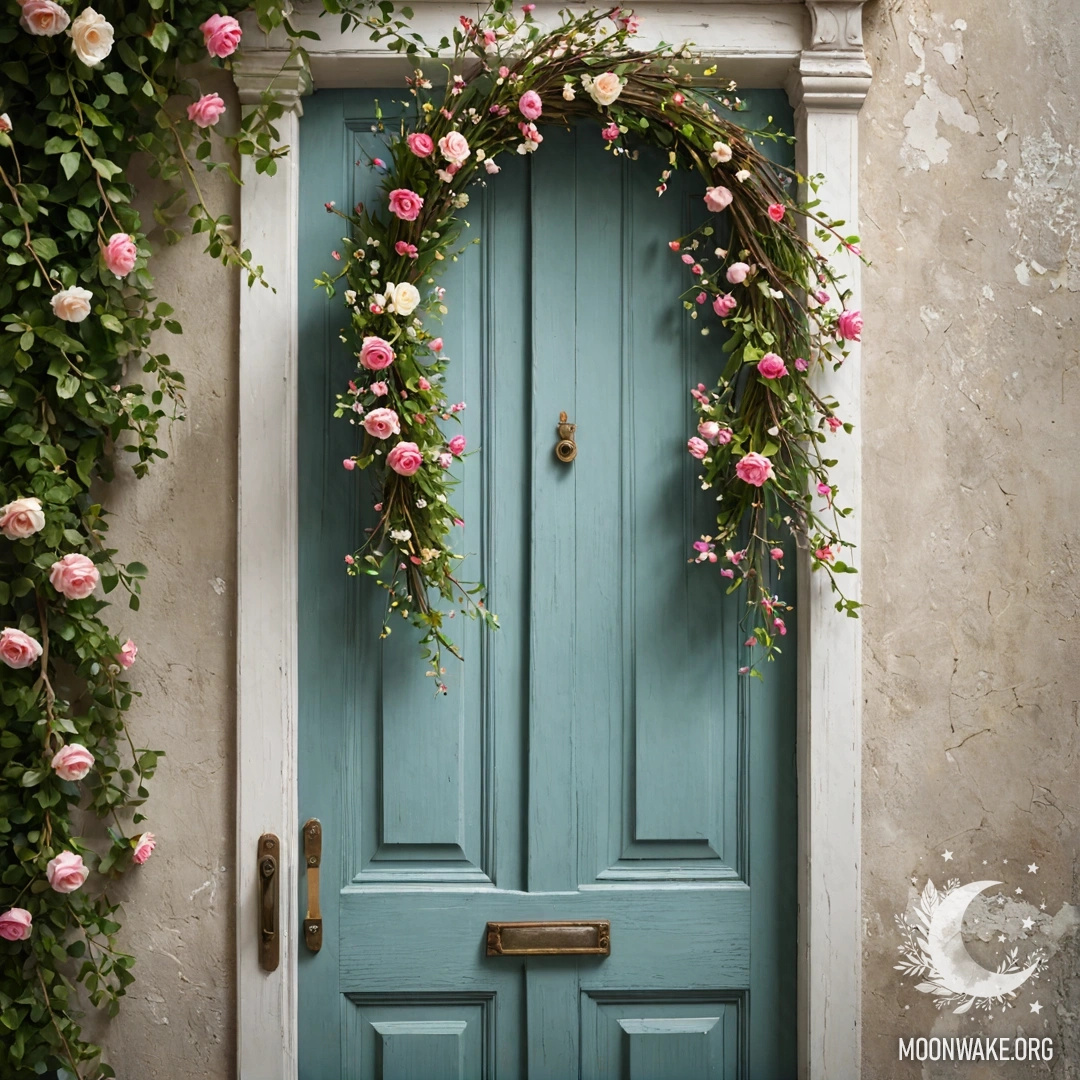 A weathered door adorned with flowers and fairy lights.