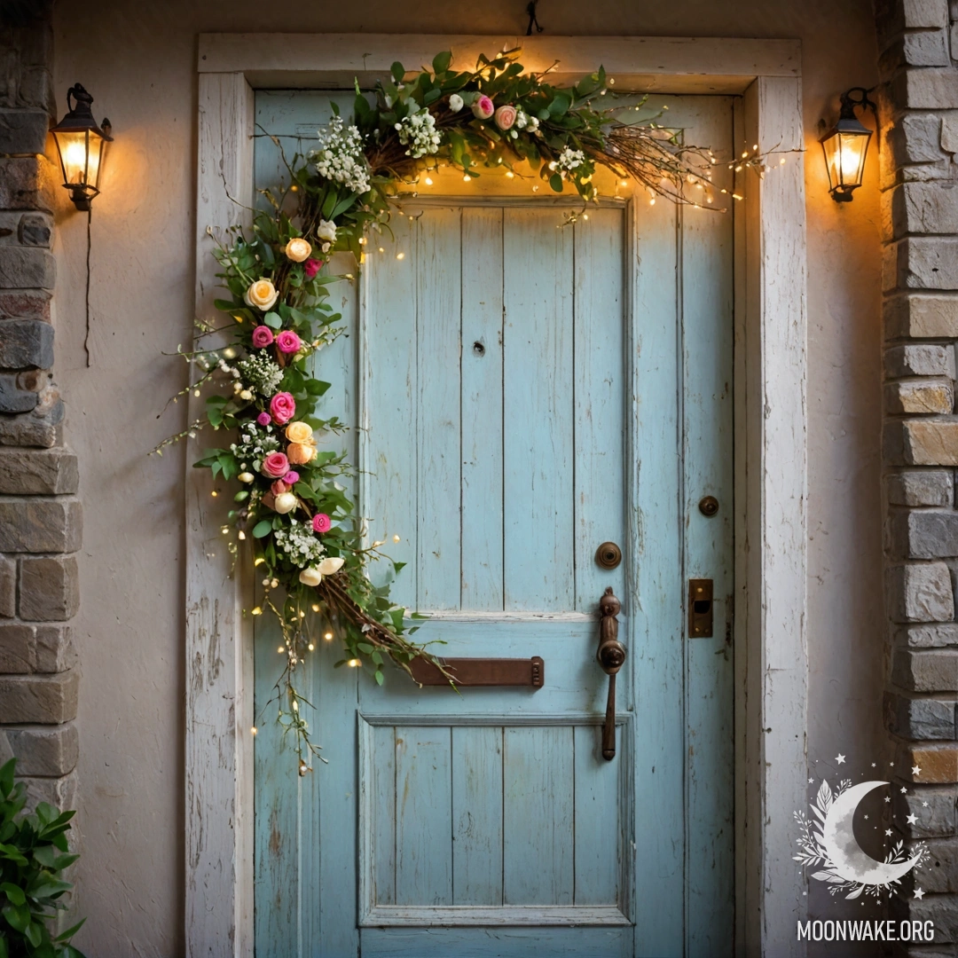 Charming Shabby Door with Floral Touch An old shabby door adorned with twigs and flowers on the handle, with a garland of lights.