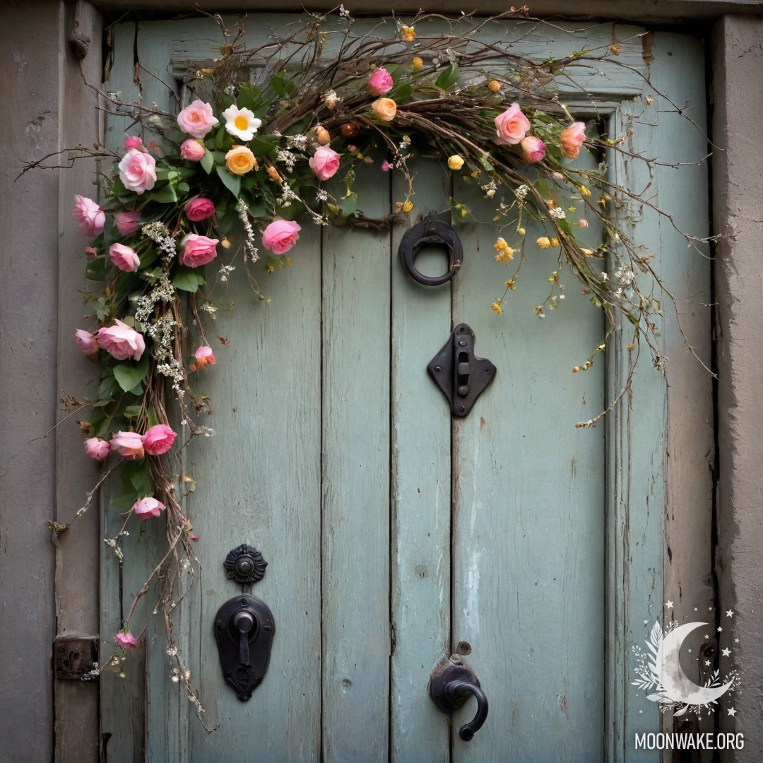 A shabby door adorned with twigs and flowers on the handle, illuminated by garland lights.