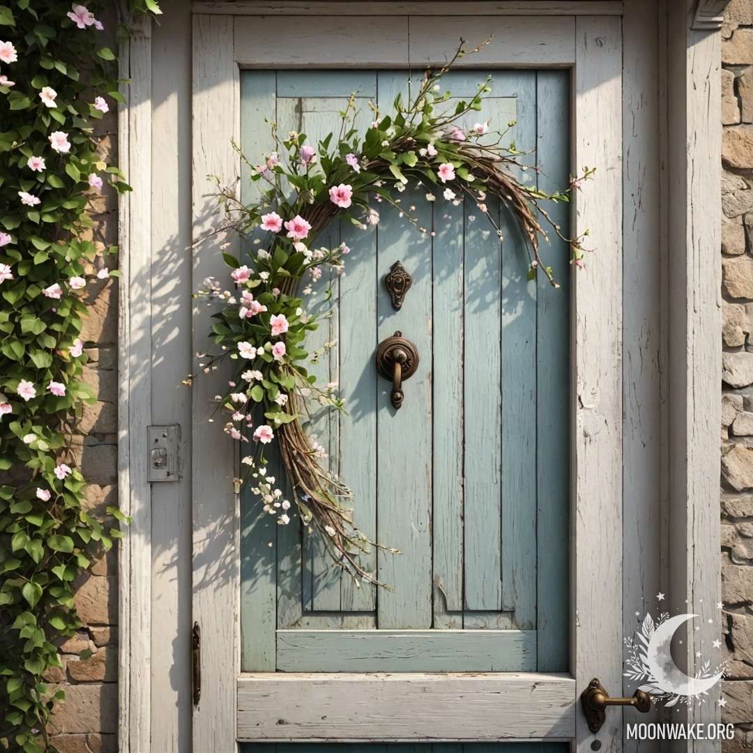 Charming Shabby Door with Flowers A photorealistic image of a shabby door adorned with twigs and flowers, illuminated by soft sun rays.