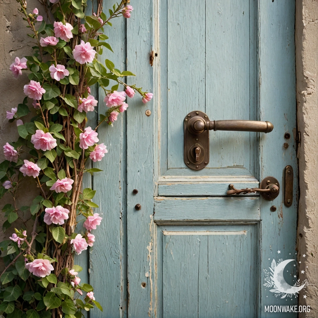 A shabby door adorned with twigs and flowers on the handle, with sun rays shining down.
