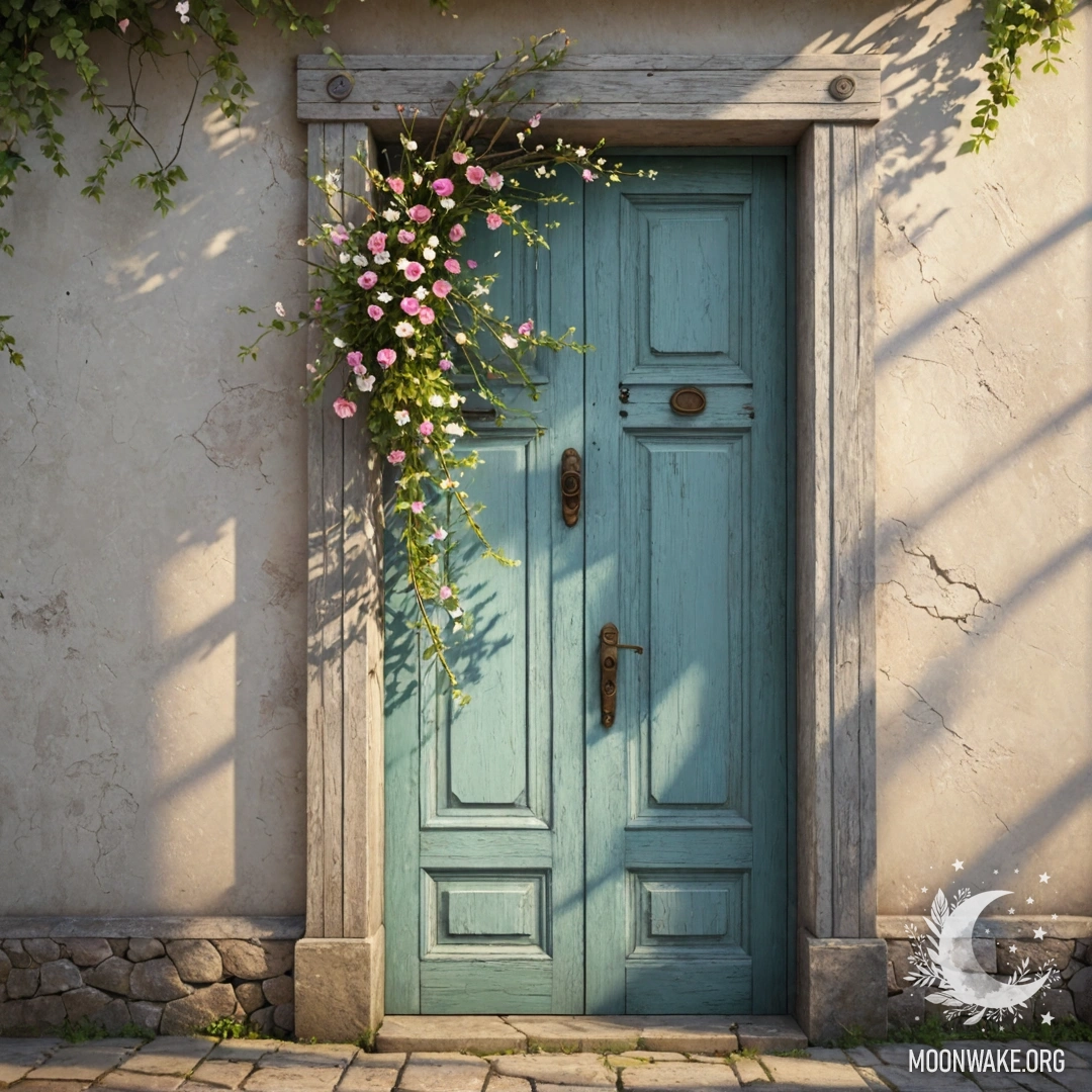A shabby door adorned with twigs and flowers on the handle, illuminated by sun rays.