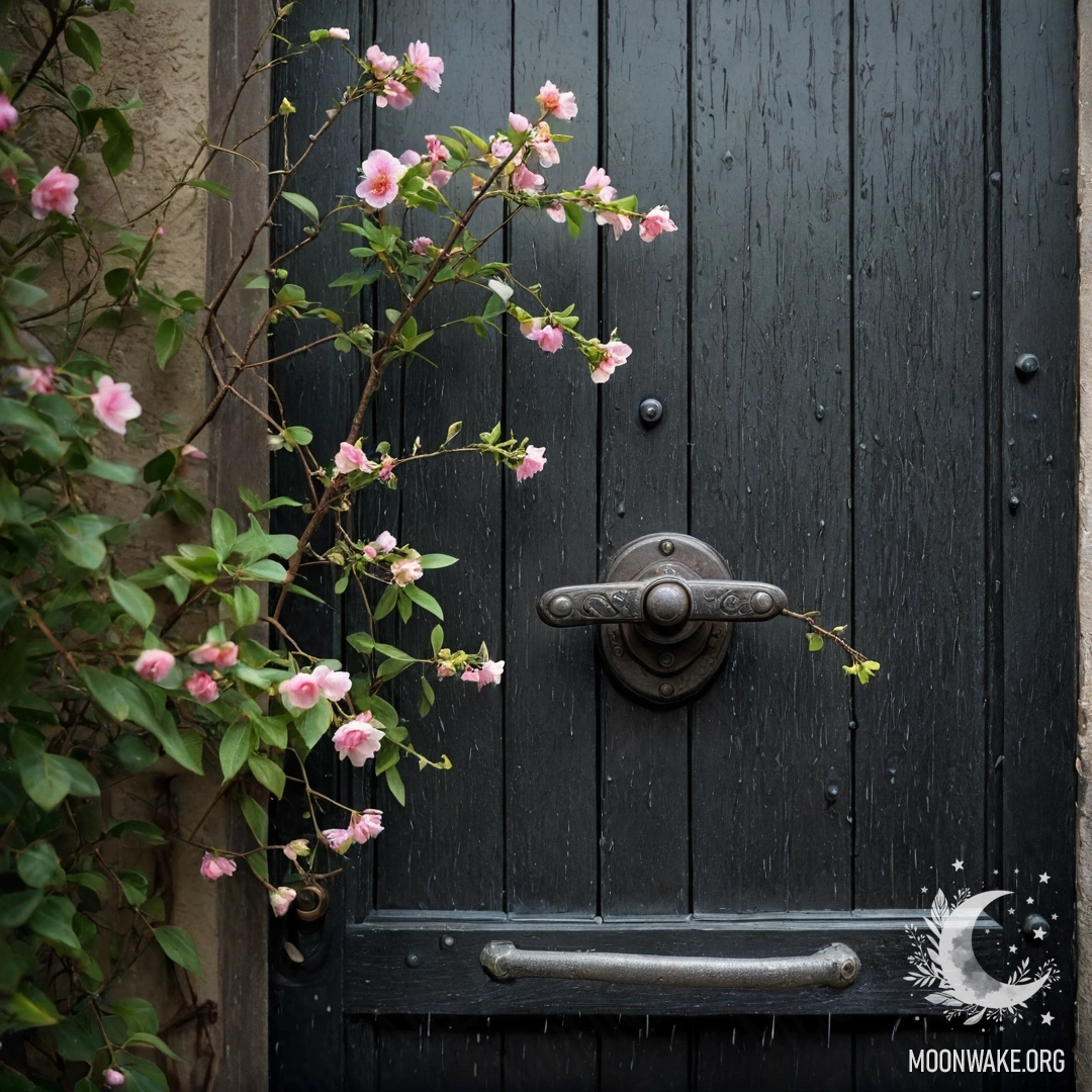 A shabby door adorned with twigs and flowers on the handle, wet from the rain.