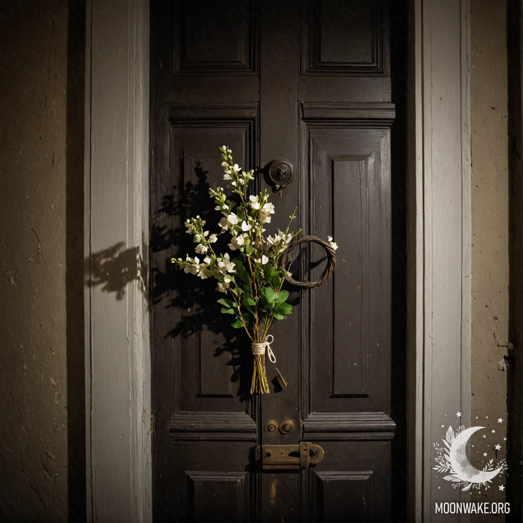 A shabby door adorned with twigs and flowers on the handle at night.