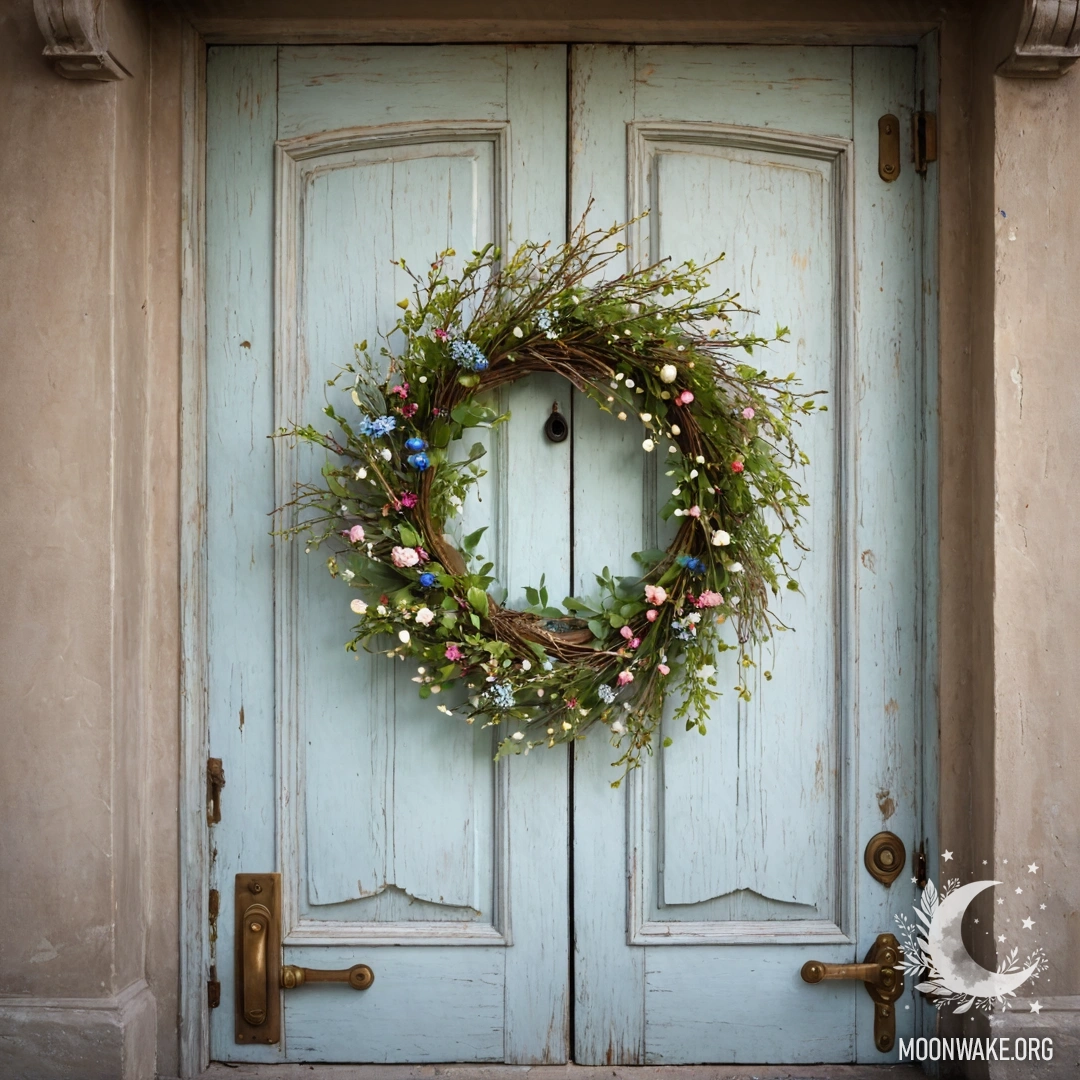 A shabby door adorned with twigs and flowers on the handle, illuminated by a garland of lights.