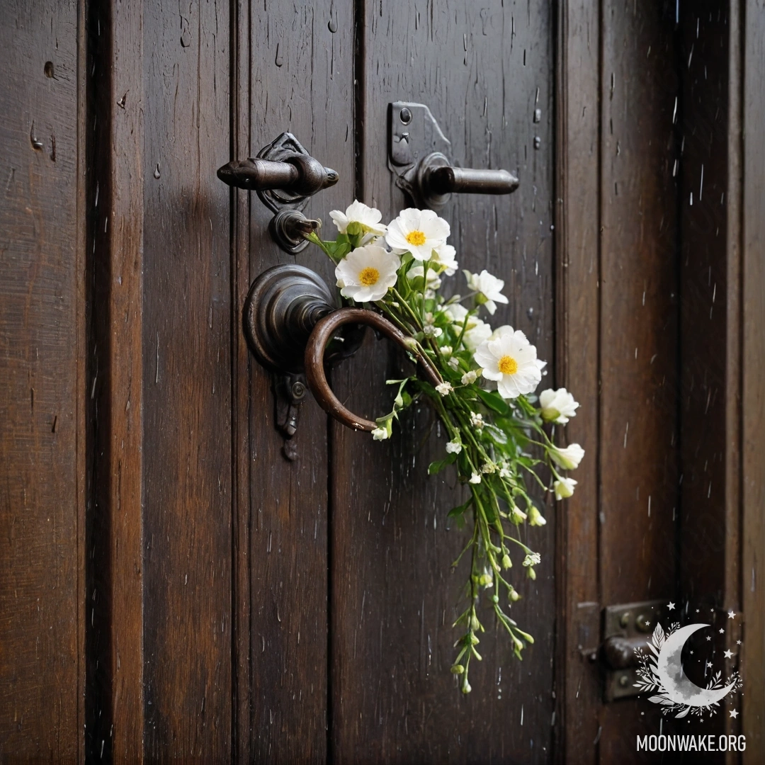 A charming shabby door adorned with twigs and flowers on the handle, drenched in rain.