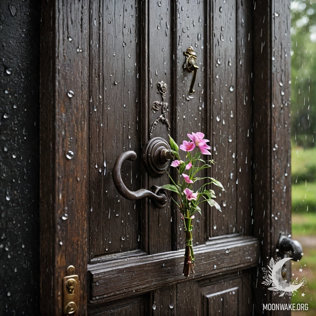 A weathered door adorned with twigs and flowers, drenched in rain