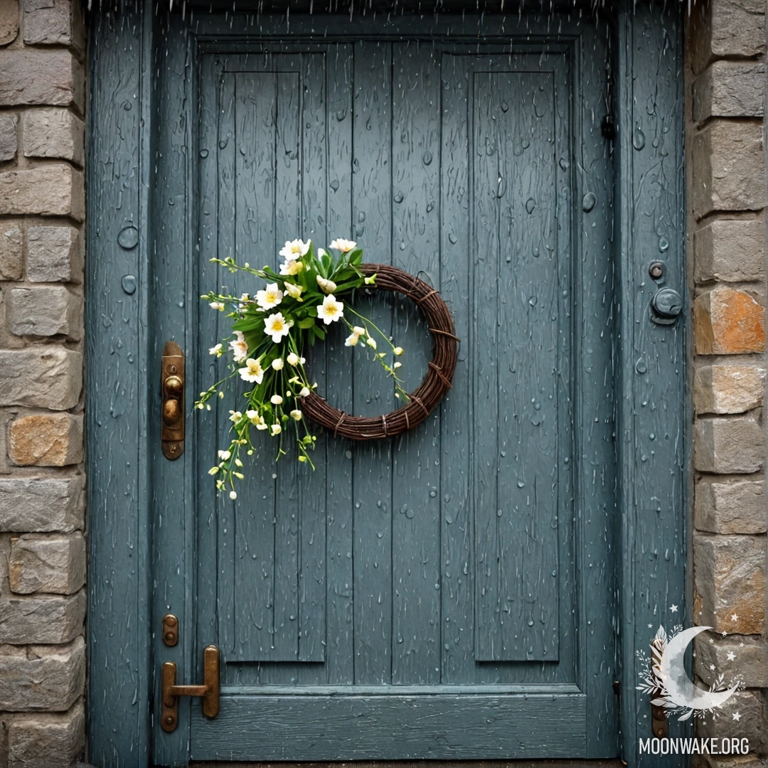 A shabby door with twigs and flowers hanging from the handle in the rain.
