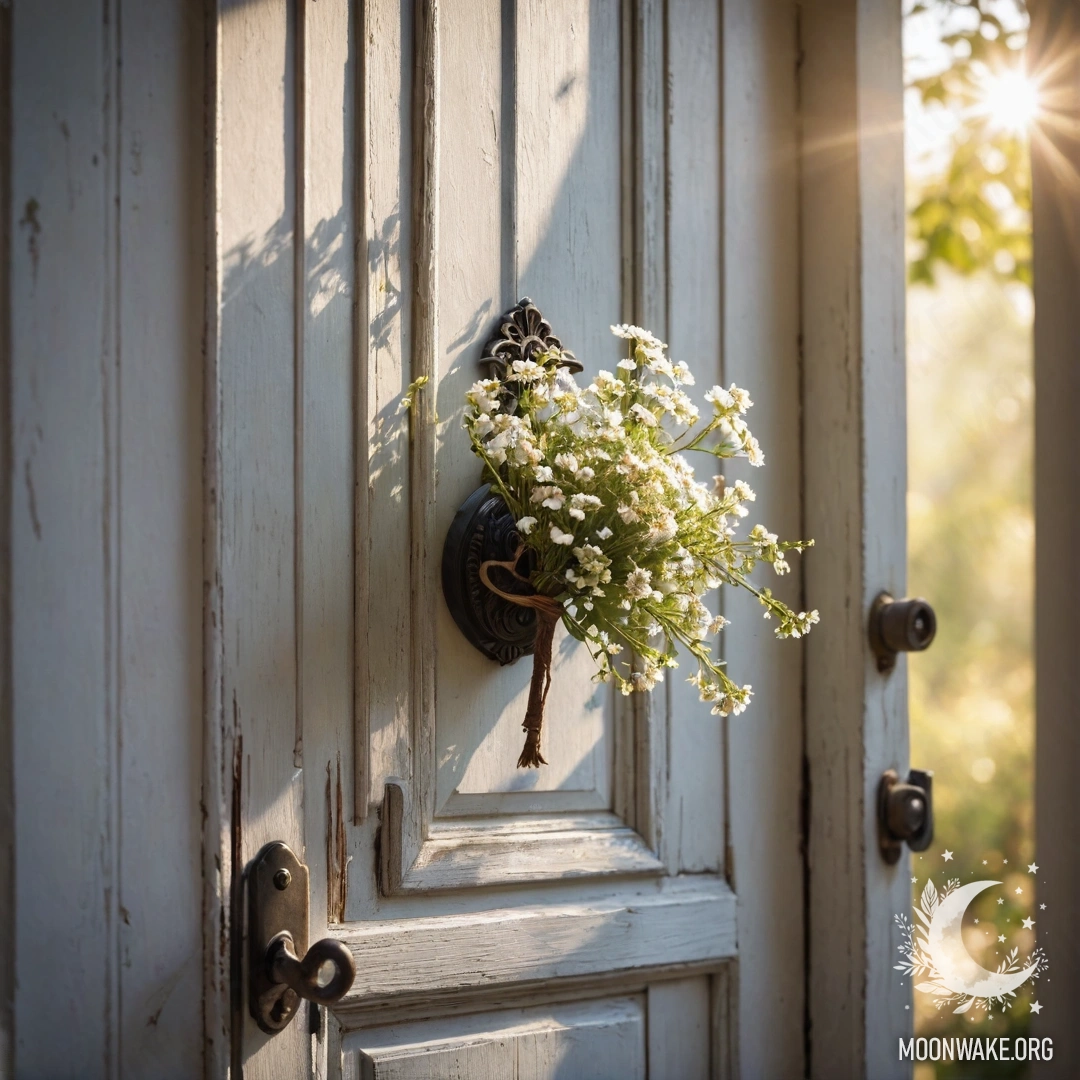 A shabby door adorned with twigs and flowers on the handle, illuminated by sun rays.
