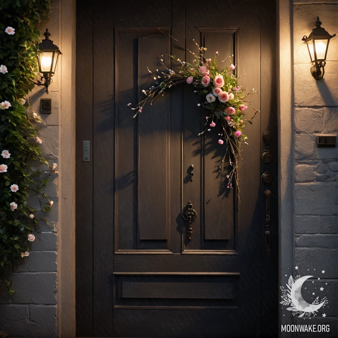 A shabby door adorned with twigs and delicate flowers at night.