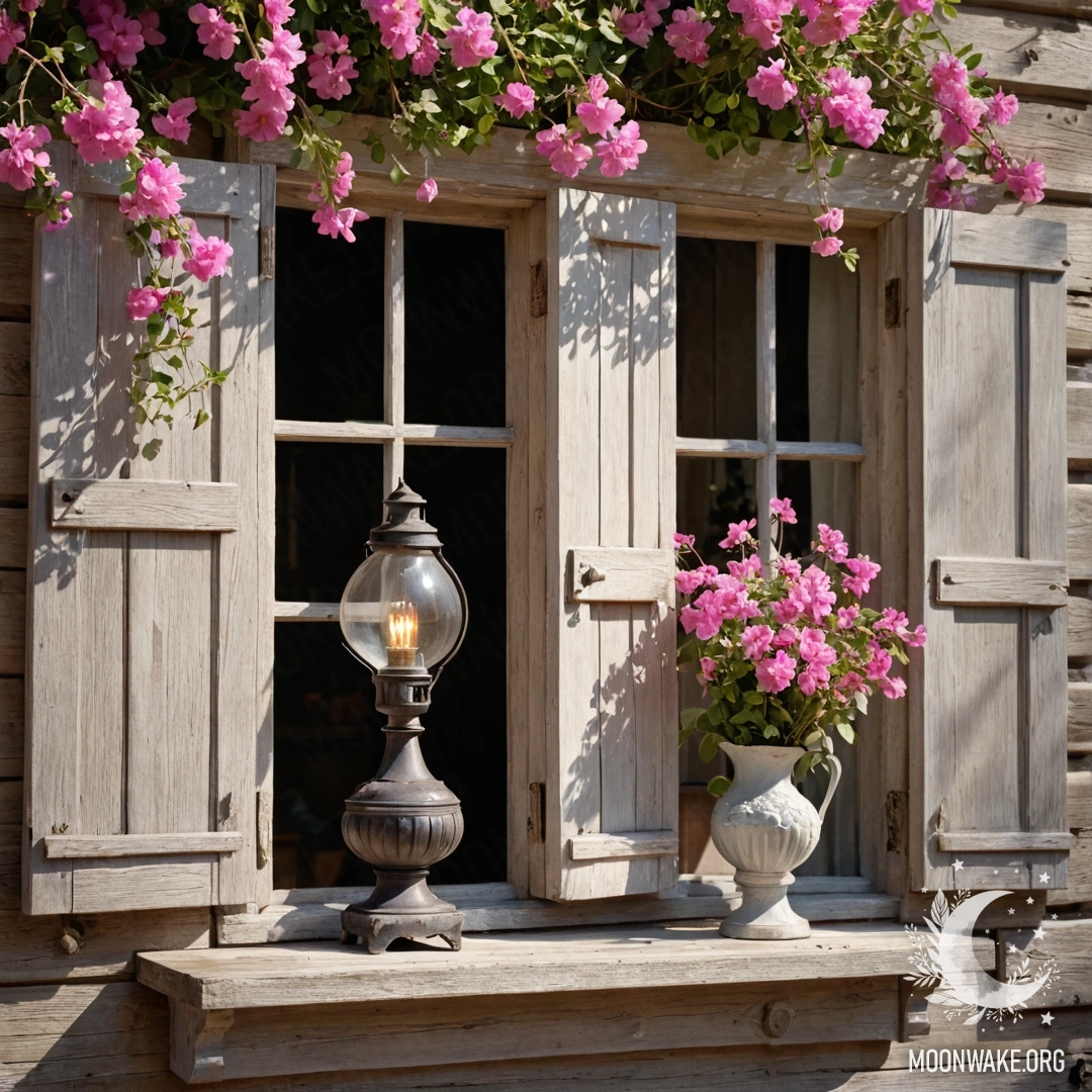 A shabby wooden window adorned with pink flowers and a kerosene lamp above it.