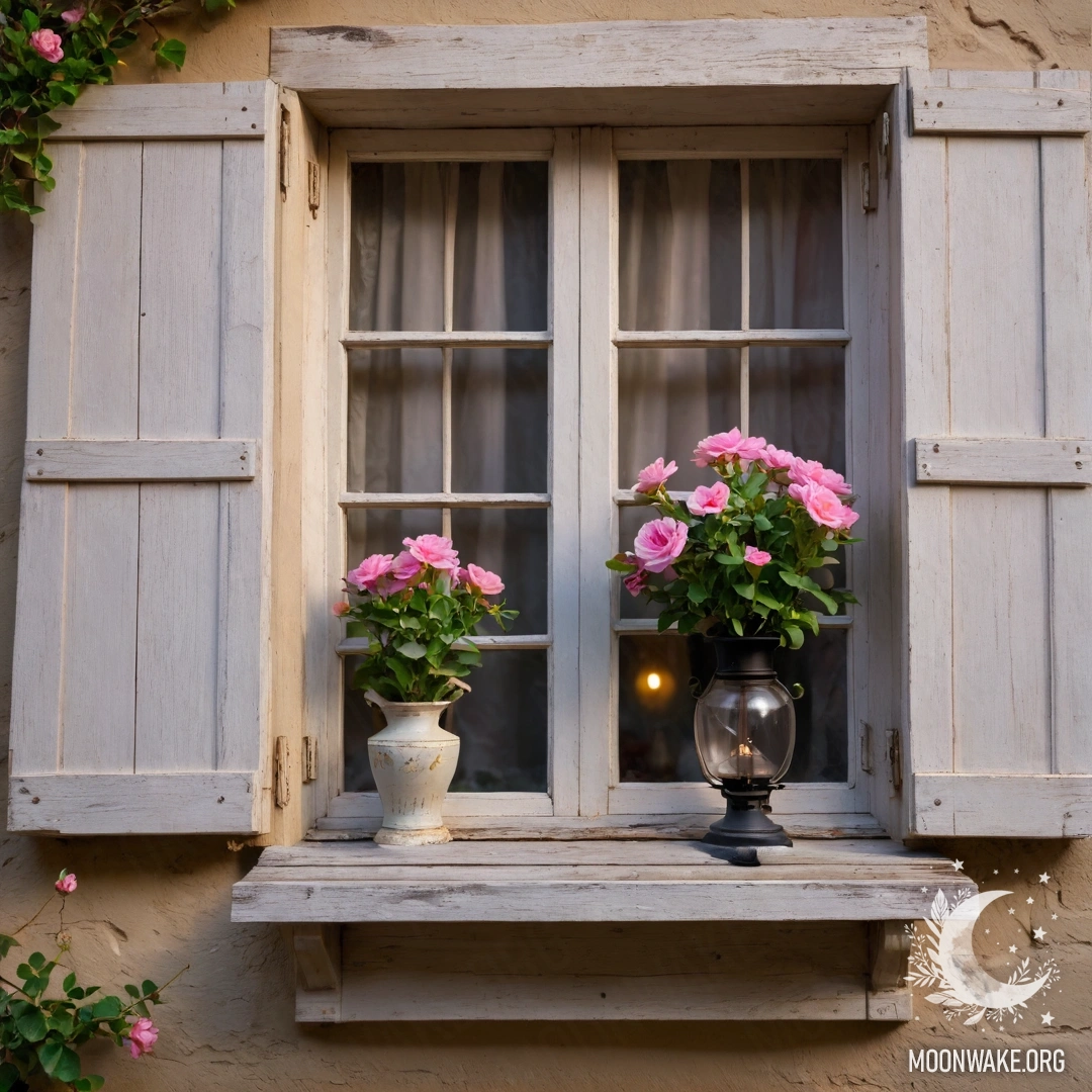 Charming Shabby Window at Sunset A shabby wooden window with pink flowers and a kerosene lamp above.