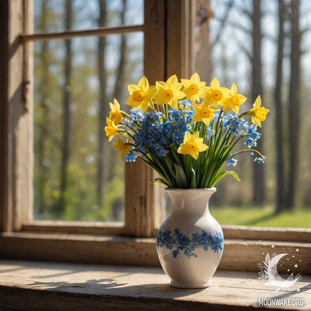 A white porcelain vase filled with daffodils and forget-me-nots on an old wooden windowsill illuminated by sunlight.