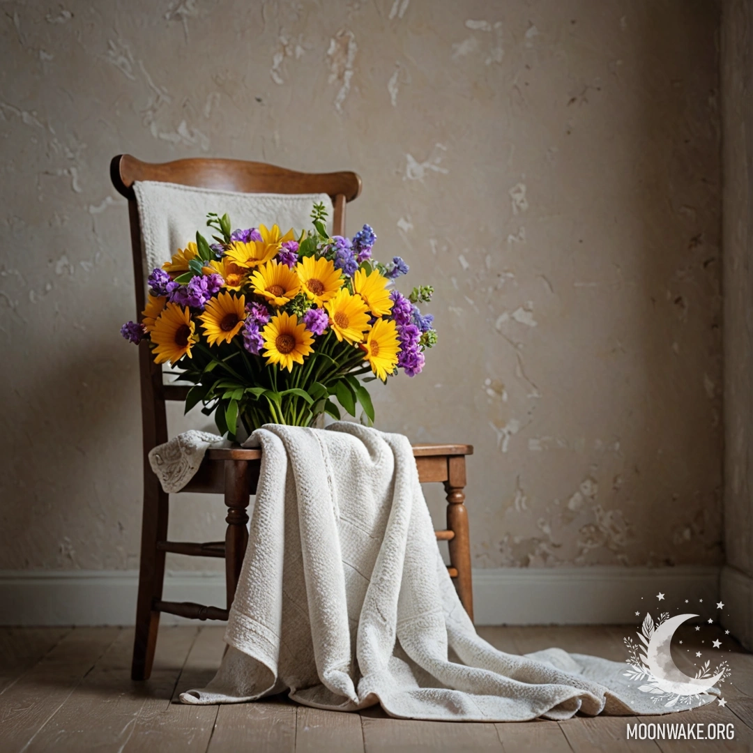 A cozy chair against a shabby wall with a blanket and a bouquet of flowers.