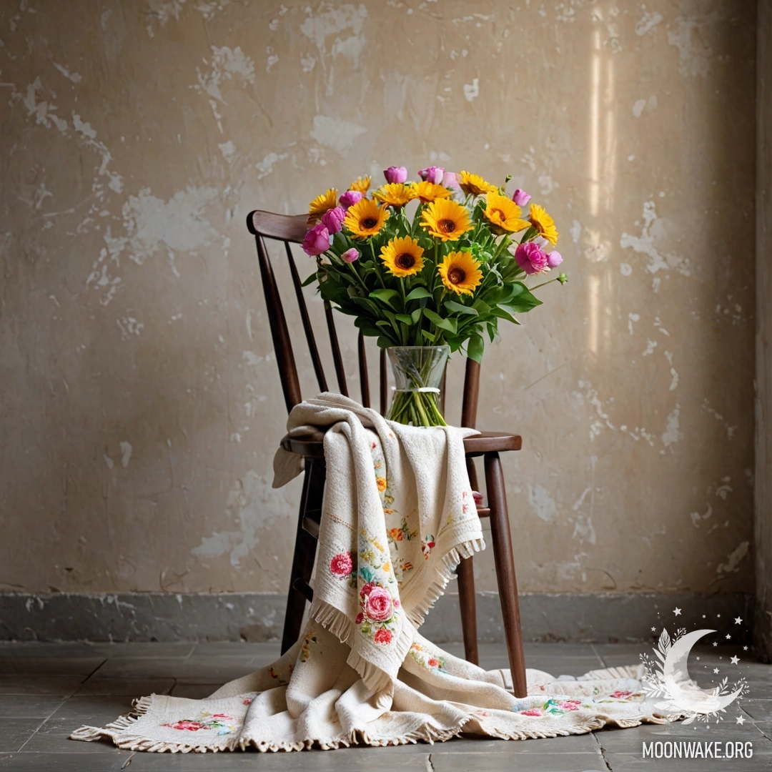 A chair with a blanket and a bouquet of flowers on it, illuminated by sun rays against a shabby wall.