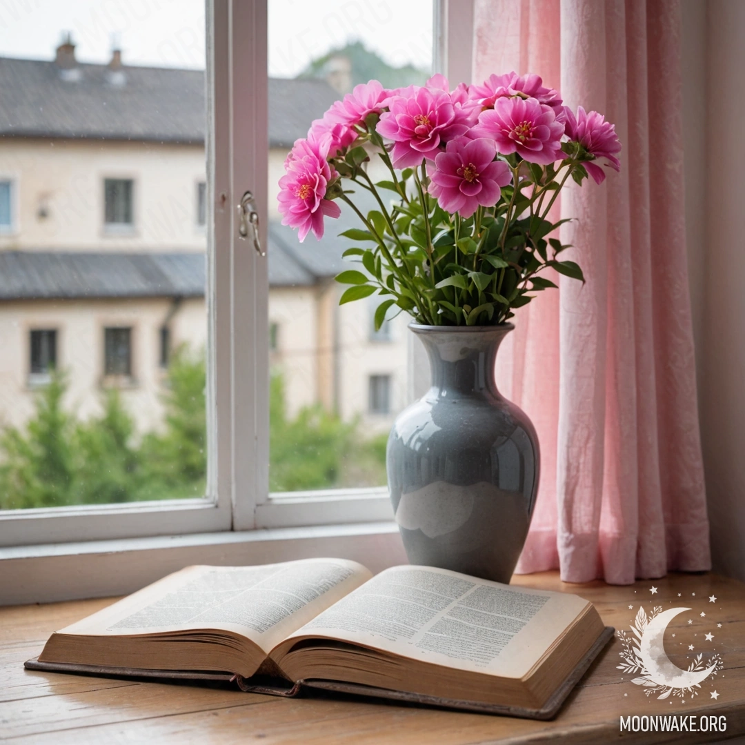 An old, shabby book and a gray vase with pink flowers on a wooden window sill.