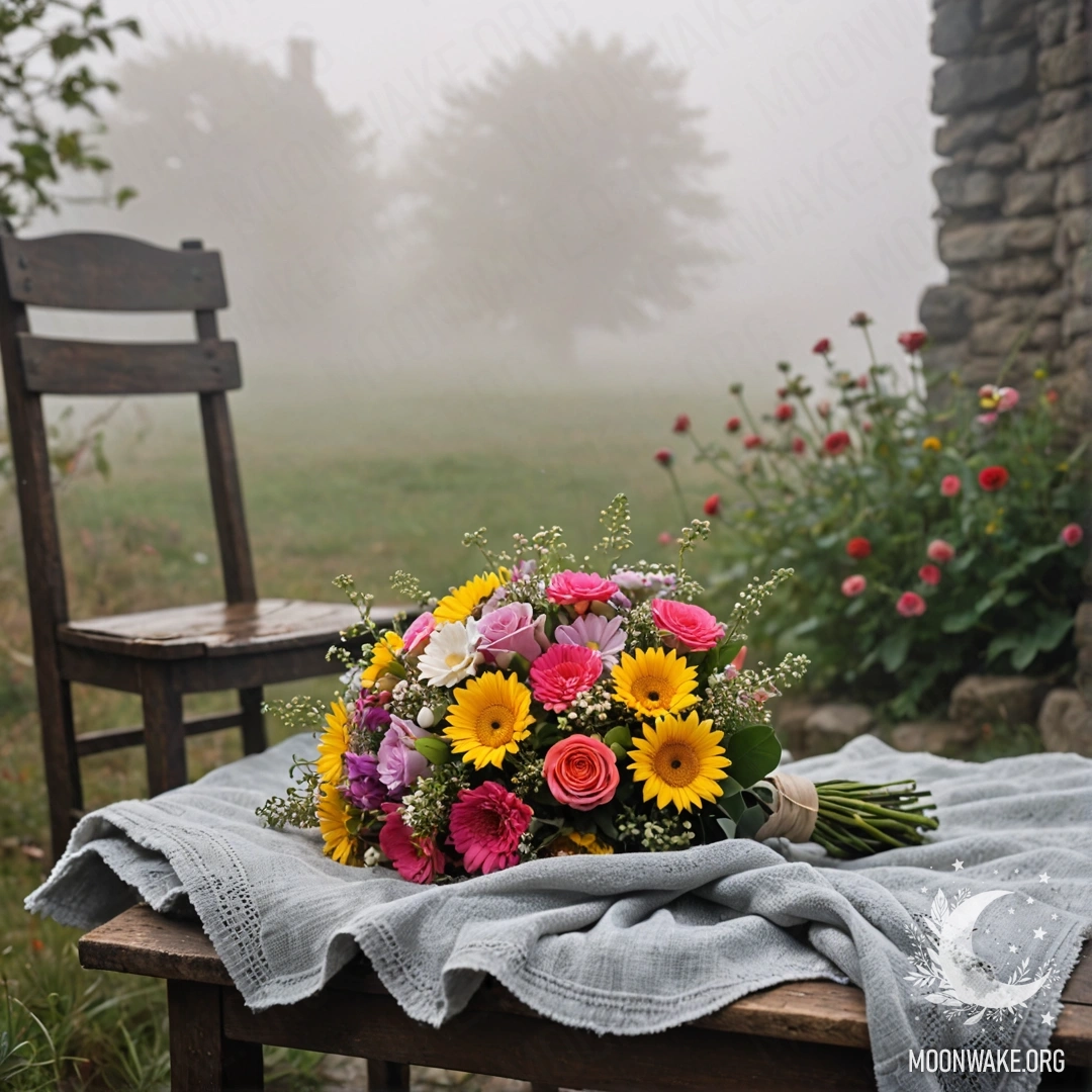 A chair draped with a blanket, topped with a bouquet of flowers on a shabby wall background, enveloped in dense fog.