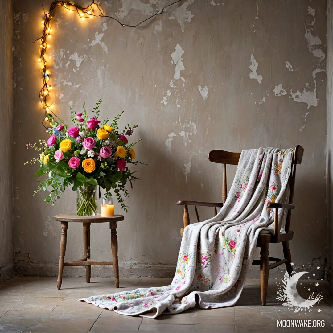 A cozy chair draped with a blanket, adorned with a bouquet of flowers and fairy lights, set against a weathered wall.