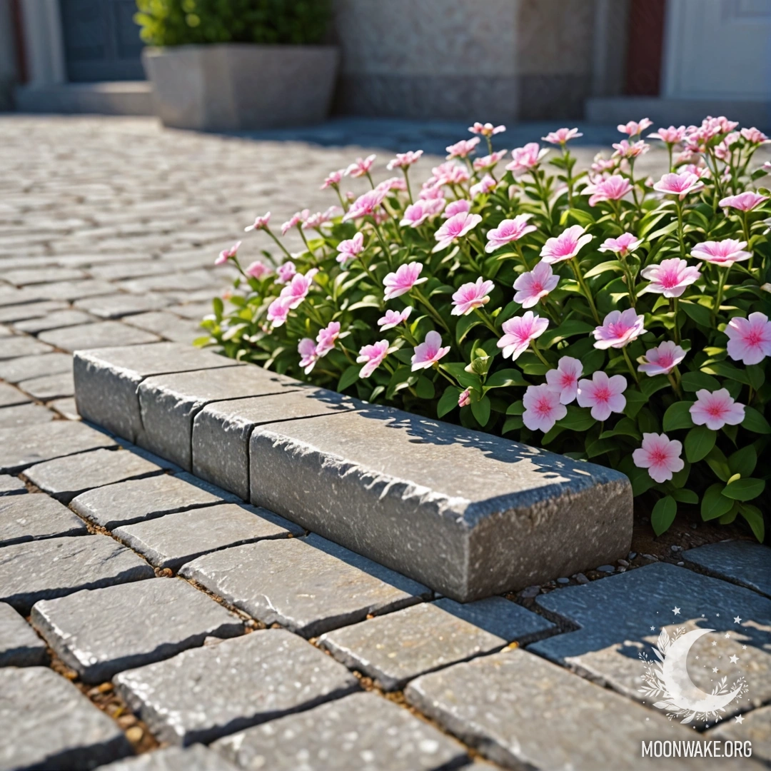 Charming Stone Curb with Flowers A shabby stone curb with white and pink flowers growing behind it, illuminated by sunlight.