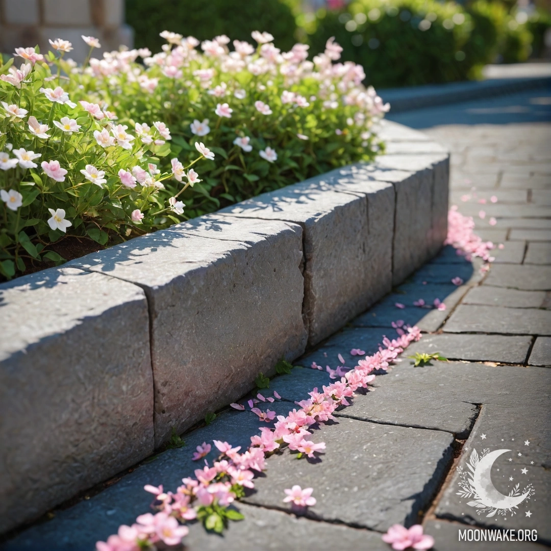 Charming Stone Curb with Blossoming Flowers A shabby stone curb with small white and pink flowers growing behind it, illuminated by garland lights.