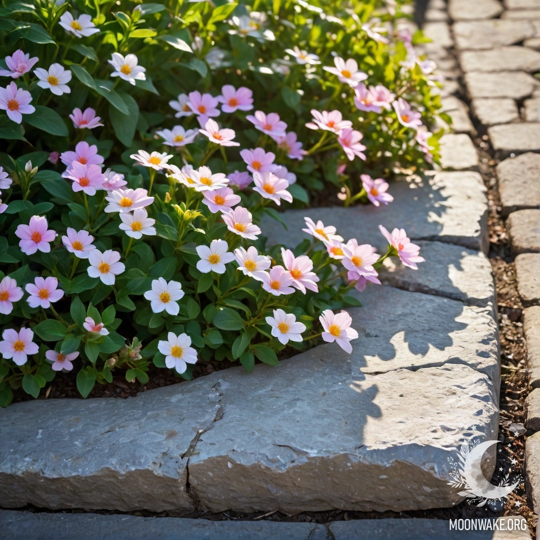 Charming Stone Curb with Blossoms A shabby stone curb with small white and pink flowers growing behind it, illuminated by sun rays.